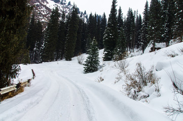 Rural mountain road completely covered with snow, with car rides.