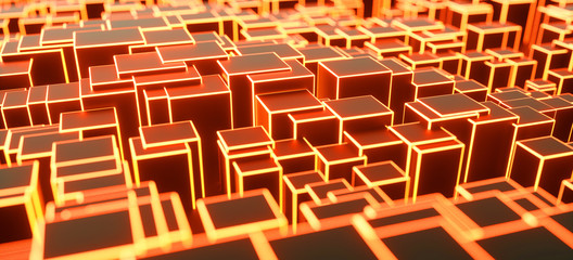 Abstract 3D rendering of surface with random cubes and electronic shapes. futuristic science fiction city with lines and low poly shape.