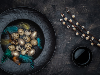 Easter concept. Natural quail eggs, golden colored eggs and colorful feathers  in black bowl. Cup of black tea and pussy willow on wooden background. Overhead view.