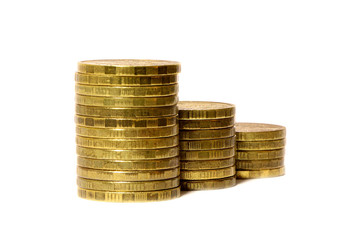 Gold coins stacks isolated on white background.