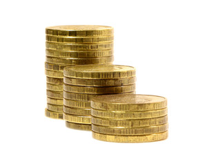Gold coins stacks isolated on white background.