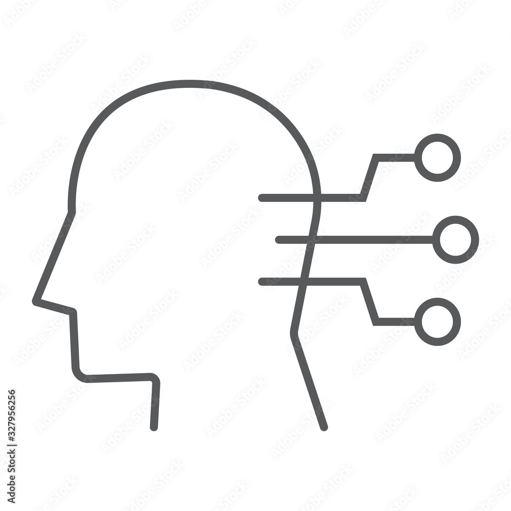 Poster neural interface thin line icon, technology and network, human head connection sign, vector graphics