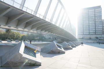 Bright view from under the Exhibition bridge in the turia river park, Valencia, Spain