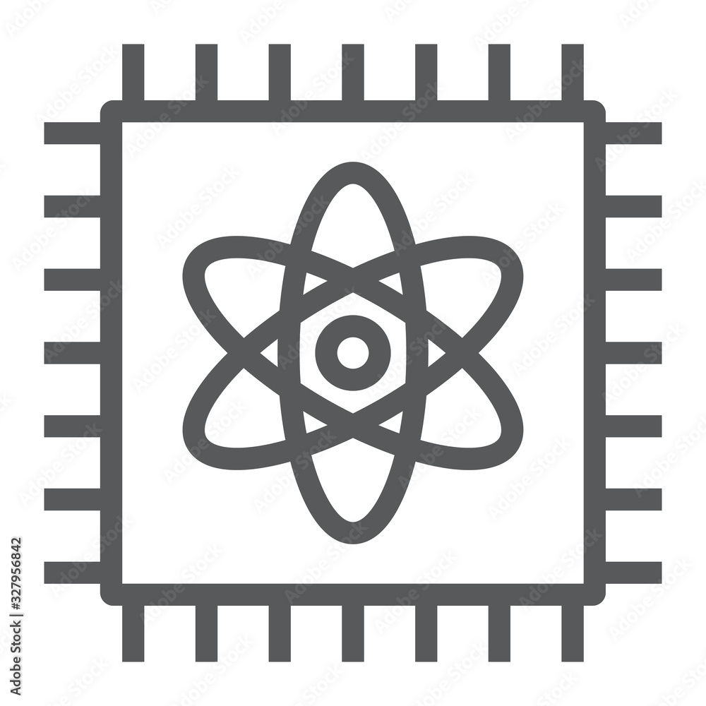 Poster quantum computing line icon, technology and processor, chip with atom sign, vector graphics, a linea
