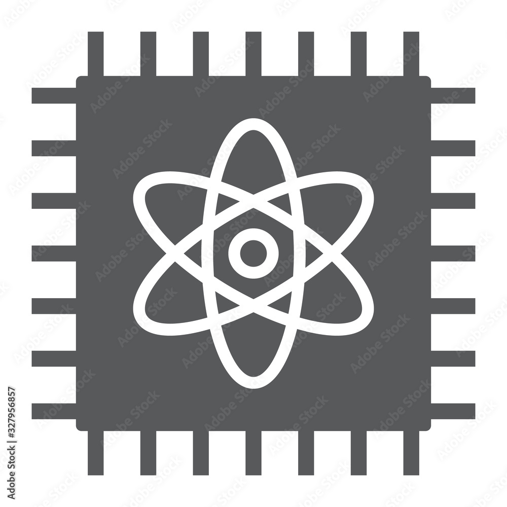 Poster quantum computing glyph icon, technology and processor, chip with atom sign, vector graphics, a soli