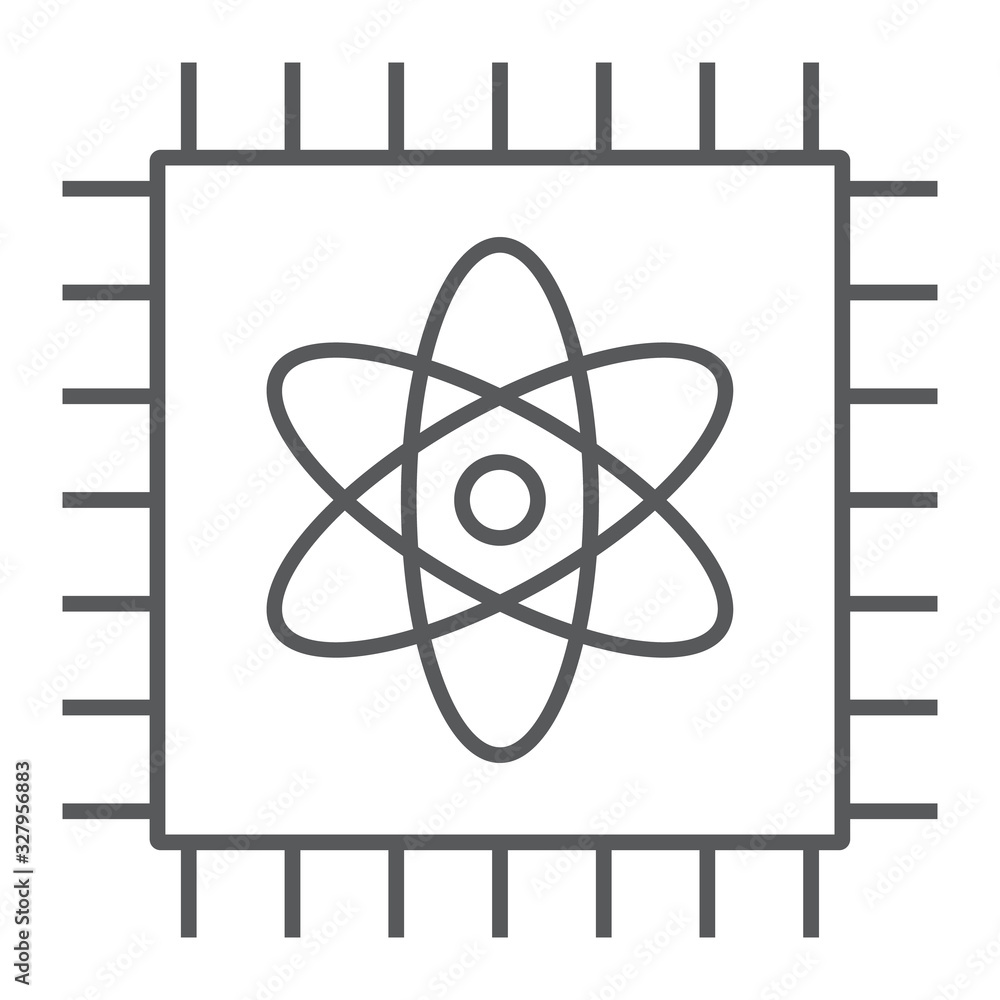 Poster quantum computing thin line icon, technology and processor, chip with atom sign, vector graphics, a 