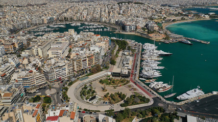 Obraz premium Aerial drone photo of famous area of Zea or Passalimani near main port of Piraeus, Attica, Greece