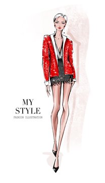 Hand drawn beautiful young woman in fashion clothes. Stylish girl in red jacket. Fashion woman look. Sketch. Fashion illustration.