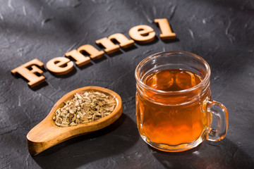 Herbal infusion fennel tea in glass cup and glass tea