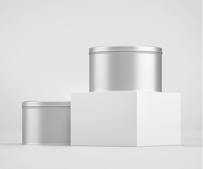 White Round Tin Can Mockup, Blank food Container, 3d Rendering isolated on light gray background, Ready for your design