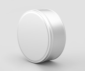 White Small Round Tin Can Mockup, Blank food Container, 3d Rendering isolated on light gray background, Ready for your design