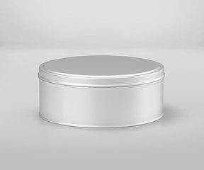 White Small Round Tin Can Mockup, Blank food Container, 3d Rendering isolated on light gray background, Ready for your design