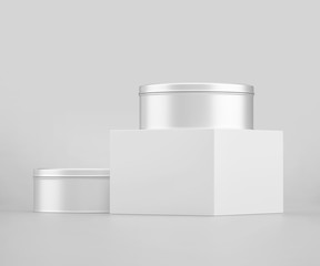 White Small Round Tin Can Mockup, Blank food Container, 3d Rendering isolated on light gray background, Ready for your design