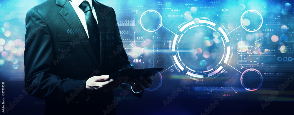 Poster tech circle with businessman holding a tablet computer