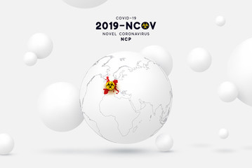 Novel Coronavirus (2019-nCoV). China pathogen respiratory coronavirus 2019-nCoV originating. Europe map infographics. Virus Covid 19-NCP. nCoV denoted is single-stranded RNA virus.