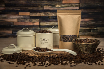 craft packaging with coffee beans in a loft interior