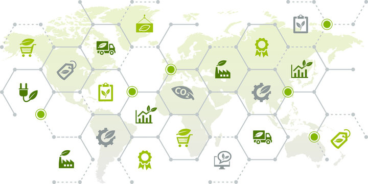 Global sustainable business vector illustration. Concept with world map and connected icons related to international ecology and green technology in business worldwide.