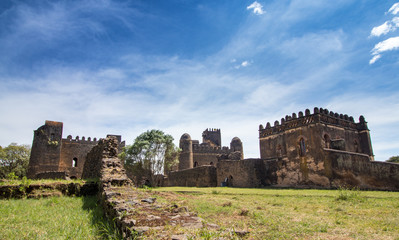 Fototapeta na wymiar Castle and blue sky, Emperor Fasilides Castle in Gonder, Ethiopia