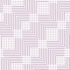 Vector geometric lines seamless pattern. Subtle modern texture with squares, stripes, broken lines, chevron, zigzag. Simple abstract geometry. Lilac and white graphic background. Repeatable design