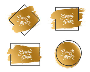 Creative vector illustration of gold brushes strokes frames, banners, flyers, postcards isolated on transparent background. Art design paint ink strokes, brushes frames template. Dirty artistic bubble