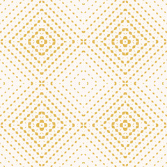 Golden vector geometric seamless pattern with small rhombuses, diamond shapes, lines, grid. White and yellow background texture with halftone transition effect in square form. Modern repeat design
