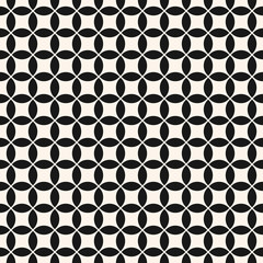 Vector geometric seamless pattern with big small round shapes, grid, net, lattice. Simple abstract black and white background. Monochrome ornament texture. Repeating design for decor, fabric, prints