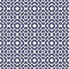 Vector geometric traditional folk ornament. Fair isle seamless pattern. Tribal ethnic motif. Nordic ornamental texture with squares, crosses, embroidery, knitting. White and blue repeating background