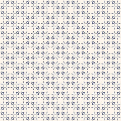 Subtle minimalist floral texture. Elegant vintage geometric seamless pattern with small flower silhouettes, delicate grid, mesh. Vector abstract repeatable background in navy blue and beige colors