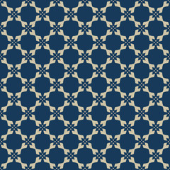 Golden geometric seamless pattern. Vector abstract deep blue and gold texture with diamond shapes, crosses, squares, stars, flower silhouettes, grid, lattice. Luxury ornament background. Repeat design