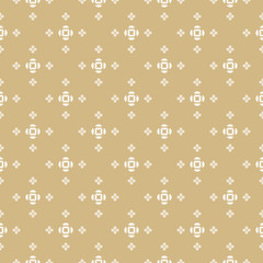 Golden vector floral seamless pattern. Simple minimal geometric texture. Gold and white abstract minimalist background. Elegant graphic ornament with small flowers, crosses. Luxury repeatable design