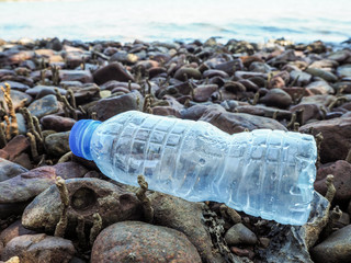 Rubbish on the pebbles beach, save the earth concept