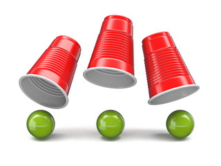 Shell Game three red cups and three green balls 3D