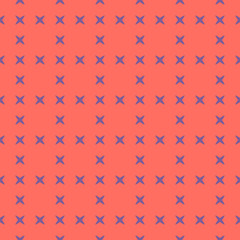 Bright colorful geometric seamless pattern. Simple vector abstract texture with small crosses, flower silhouettes. Coral and purple color. Minimal funky background. Summer style repeat design