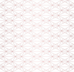 Rose gold linear pattern. Vector geometric lines seamless texture. Golden ornament with delicate grid, lattice, net, diamonds, rhombuses, thin cross lines. Luxury abstract repeated graphic background