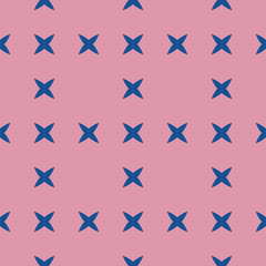Obraz premium Colorful geometric seamless pattern. Simple abstract vector texture with small crosses, flower silhouettes. Navy blue and pink color. Minimalist funky background. Repeat design for decor, wallpapers