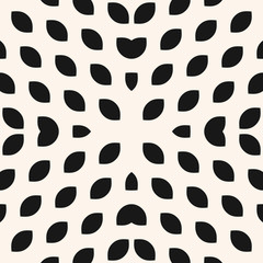 Vector seamless pattern. Simple black and white geometric texture. Monochrome illustration with mesh, curved grid, tissue, net, small leaves, petals. Endless abstract background. Minimal repeat design