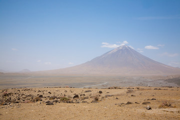 Lake Natron area landscape, Tanzania, Africa. Ol Doinyo Lengai volcano