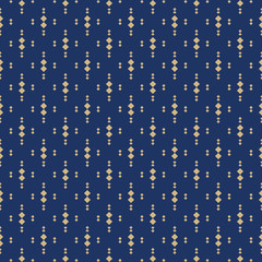 Golden vector seamless pattern with small diamond shapes, rhombuses, dots. Abstract blue and gold geometric texture. Simple minimal repeat background. Subtle luxury design for decor, wallpaper, web