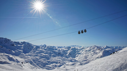 Val Thorens, France - February 20, 2020: Winter Alps landscape from ski resort Val Thorens. 3 valleys