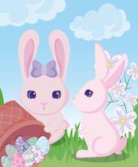 Happy easter rabbits with eggs basket vector design