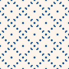 Simple minimalist vector seamless pattern. Abstract blue and white geometric texture. Subtle minimal background with small floral shapes, diamonds, arrows, dots, grid. Repeat design for decor, print