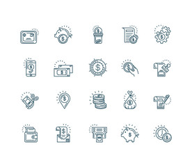 money coins and icons set, line style design