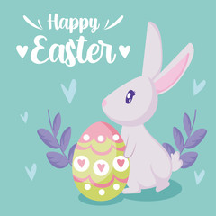 Happy easter rabbit with egg and leaves wreath vector design