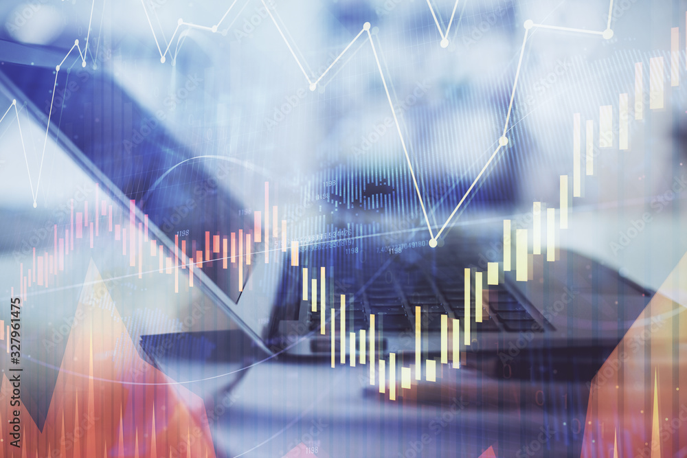 Poster forex graph hologram on table with computer background. double exposure. concept of financial market