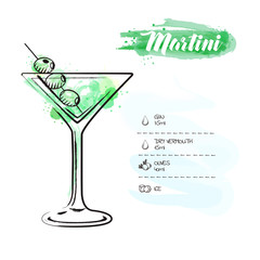 Image of a cocktail and a set of ingredients for making a drink at the bar. Watercolor sketch on a white background. Vector illustration