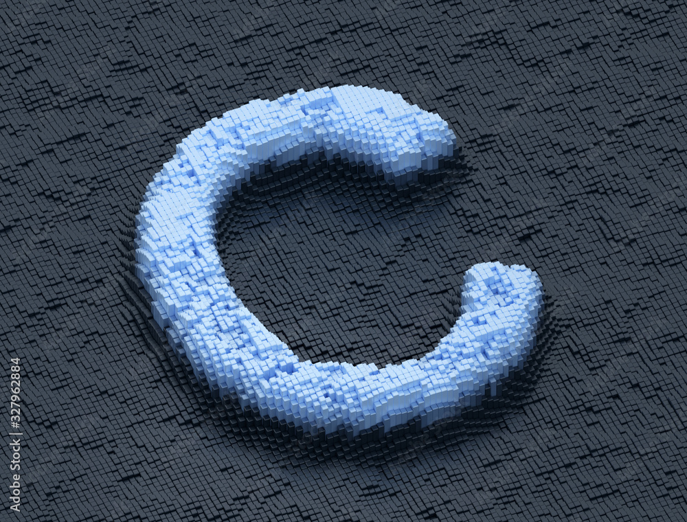 Poster letter c futuristic random building blocks design in orthographic view series, 3d render
