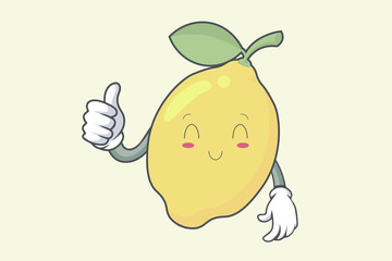 Vector Thumb Up, Okay, Okey, OK Hand Gesture. Smiling, happy, relieved face. Lemon Fruit character emoticon, emoji, expression cartoon style. Logo, Icon, Mascot Illustration art