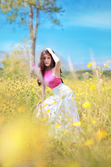 Asian beautiful woman, long hair in pink dress on yellow cosmos filed in winter with blue sky and mountain. Beautiful cute girl portrait with flowers in background. Travel in nature outdoor concept