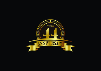 44th years anniversary logo template, vector design birthday celebration, Golden anniversary emblem with ribbon. Design for a booklet, leaflet, magazine, brochure, poster, web, invitation or greeting