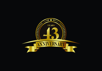 43th years anniversary logo template, vector design birthday celebration, Golden anniversary emblem with ribbon. Design for a booklet, leaflet, magazine, brochure, poster, web, invitation or greeting